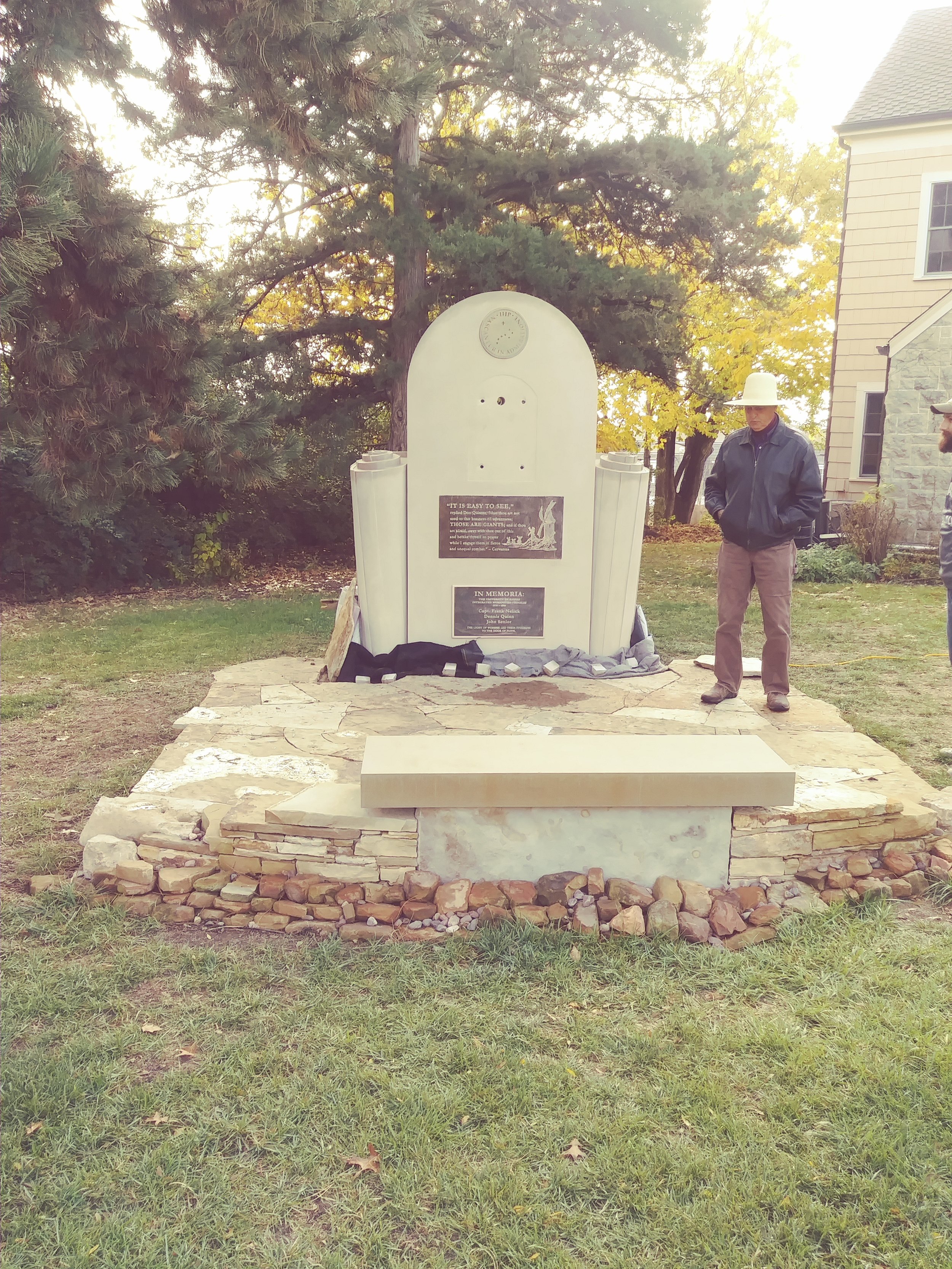 This is a larger picture with our esteemed Stoneworker, Keith Middlemas, standing beside the Memorial before Don Quixote was attached. St Lawrence Center is to the right, due south of the Memorial. To the left is the eastern tree line of the St Lawr…